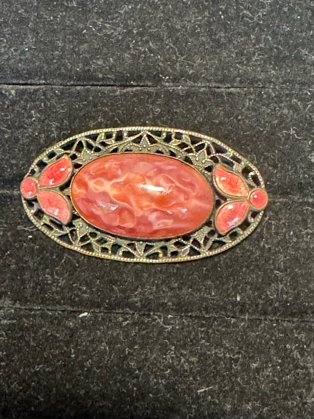 Vintage Art-Deco Czech Coral Glass and Enamel Filigree Brooch